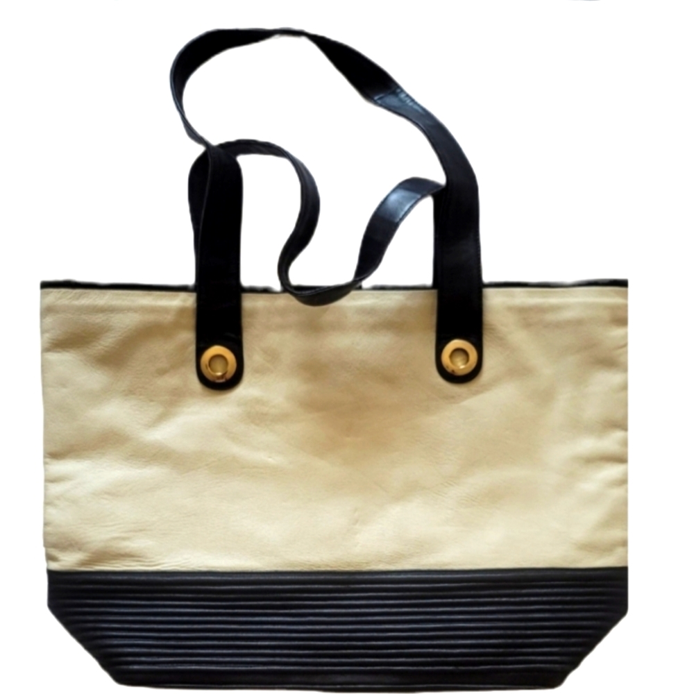 Adrienne Vittadini Black/Ivory Large Tote Real Leather Bag